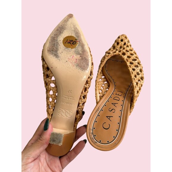 CASADEI Tan Leather Woven Mules Heels Size 37 / US 7 - Picture 3 of 11